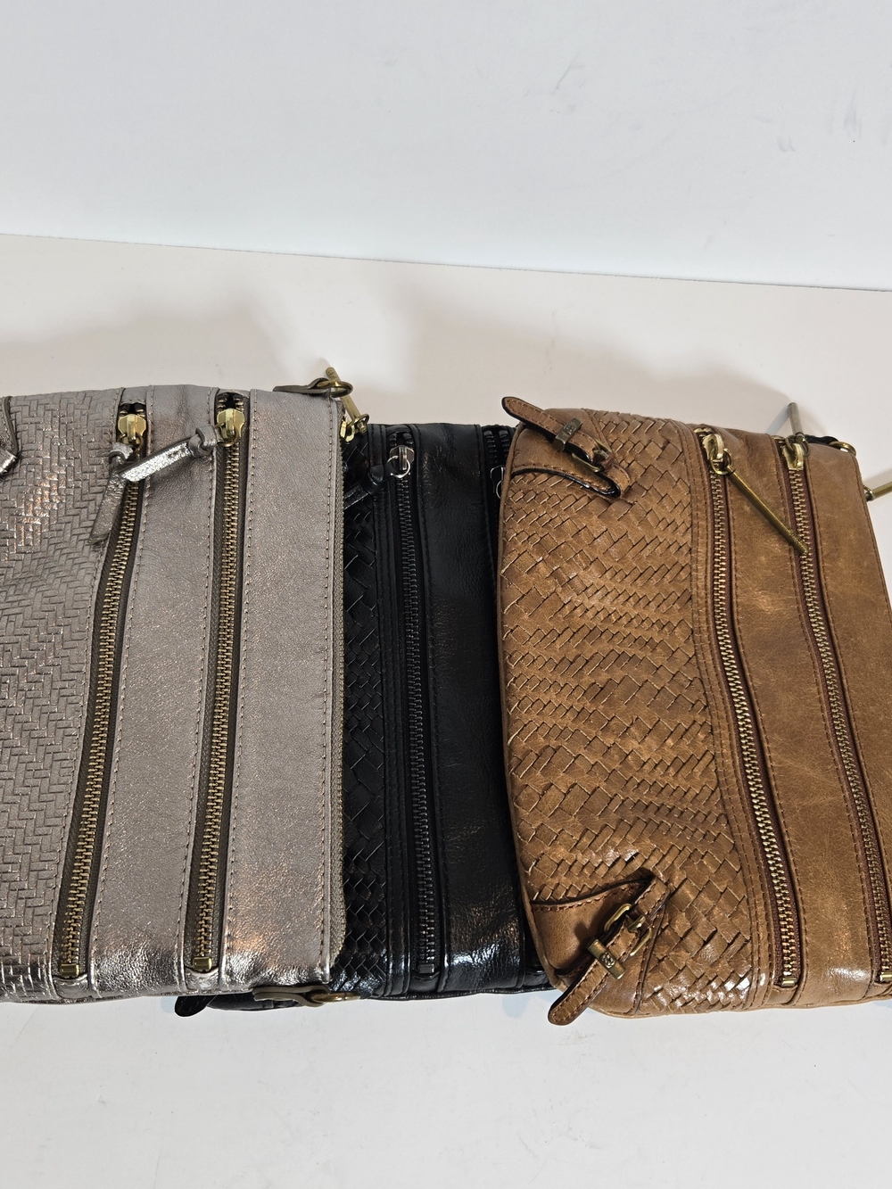 Elliott Lucca Metallic Taupe, Black & Cognac Woven Crossbody Trio